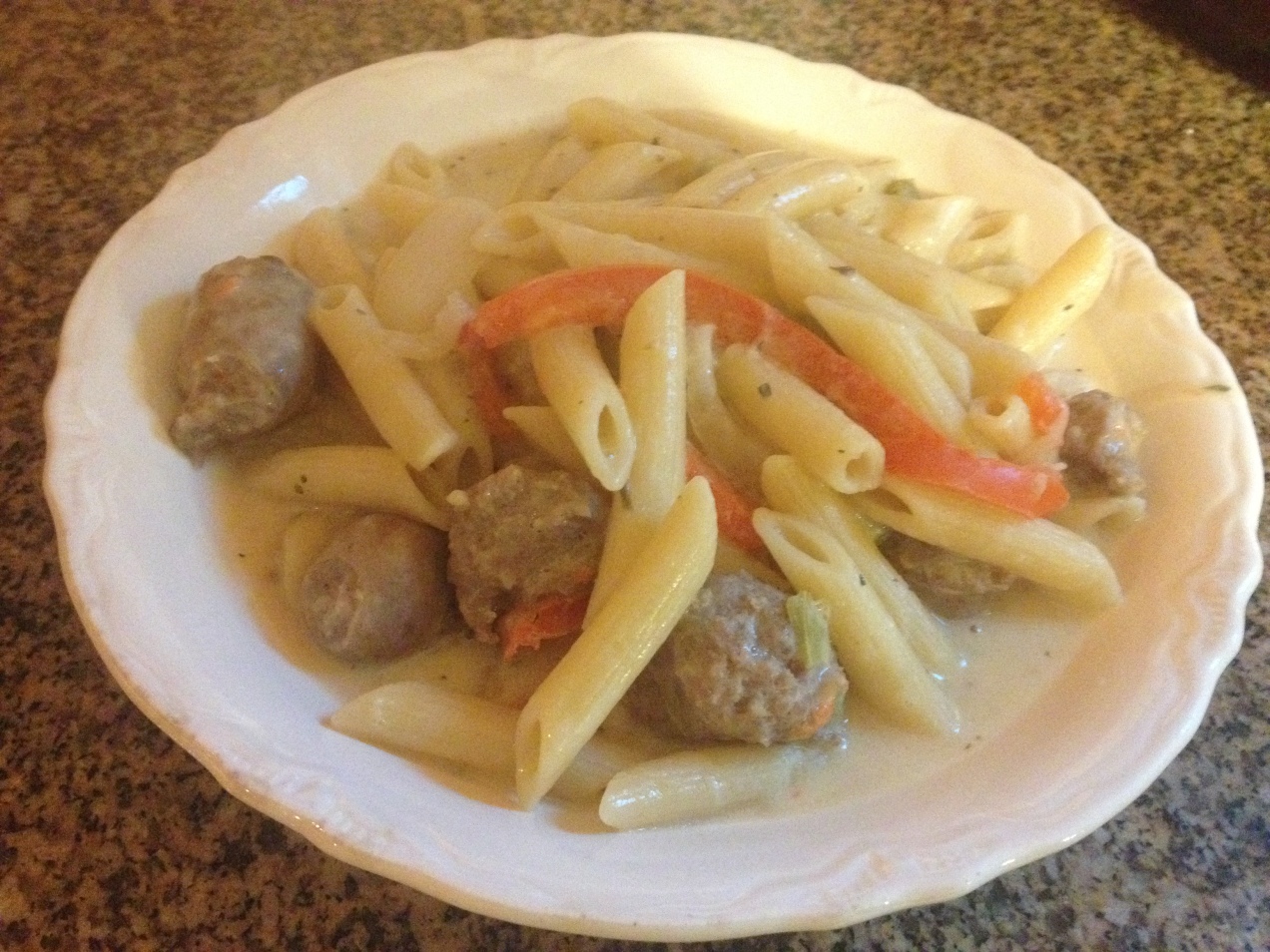 Sweet Italian Sausage with Penne, Peppers and Garlic Broth 